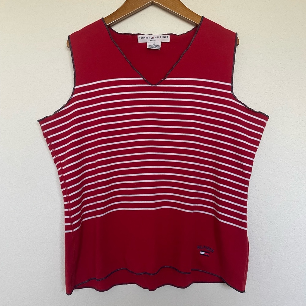 TOMMY HILFIGER red cotton stripes top tee white